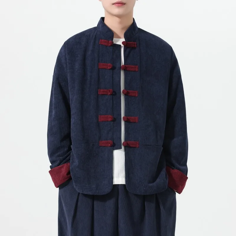 Men's Chinese Style Corduroy Jacket Vintage Mandarin Collar Frog Buttons Plus Size Spring Autumn Casual Coat Tang Suit Outerwear
