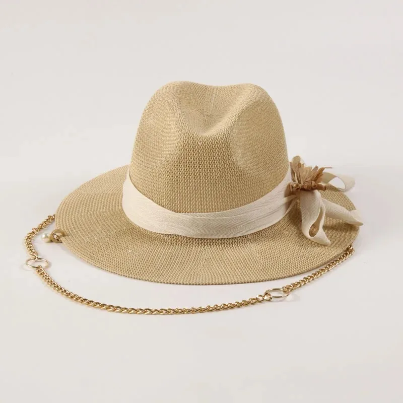 Women's Spring Summer Chain Hollow Pointed Straw Beach Vacation Sun Cap