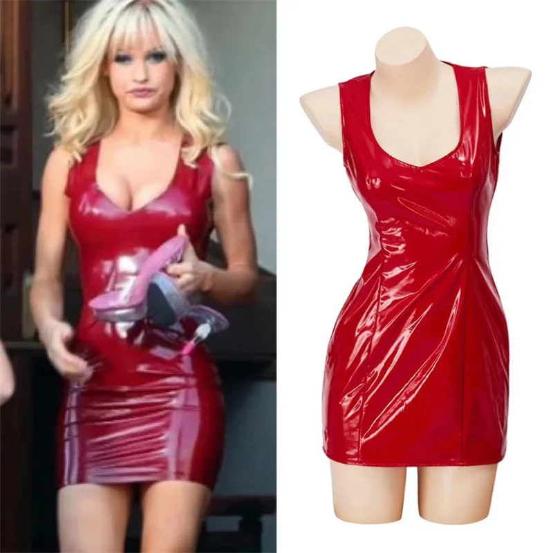 

Pam & Tommy Pamela Anderson Cosplay Costume Sexy Red Leather Mini Sleeveless Bodycon Dress Party Ball Gown