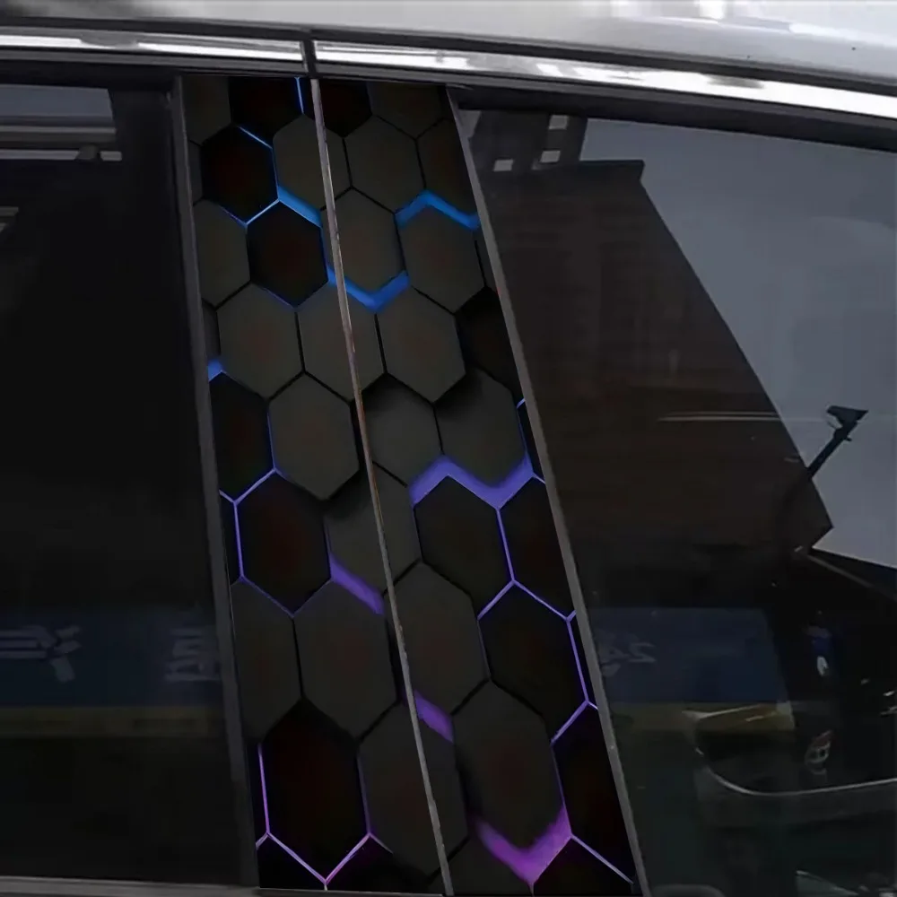 2Pcs Sci-Fi Theme B-Petal Car Sticker - Hexagonal Honeycomb Pattern with Blue Neon, Durable Vinyl Self-Adhesive Sticke