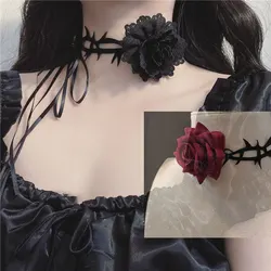 2 Pcs Red Black Big Rose Flower Choker Necklace Women Gothic Velvet Collar Necklace Adjustable Long Chain Punk Dark Jewelry K0