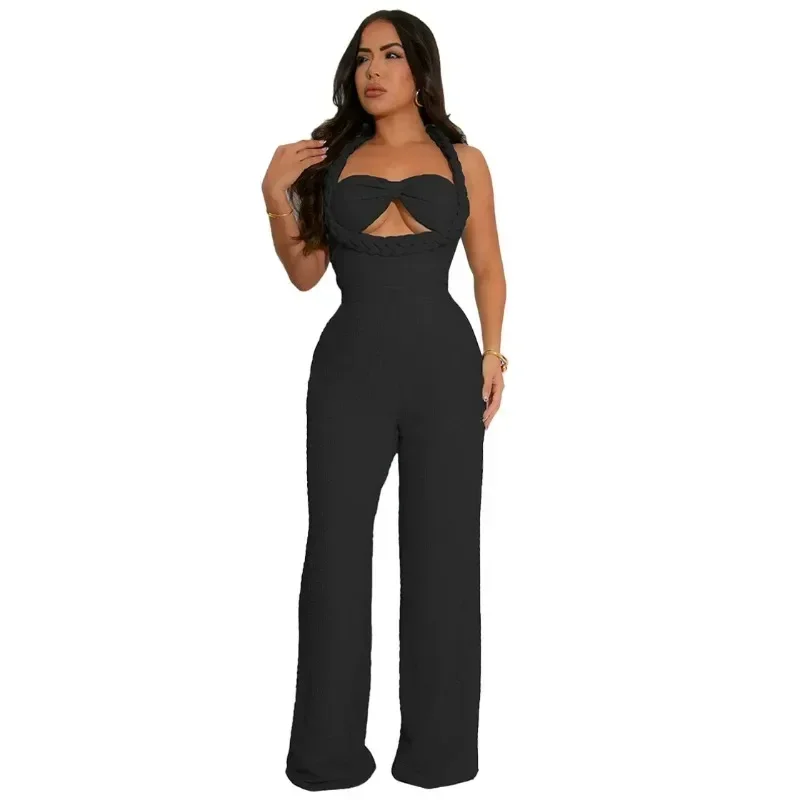 Women Weave Halter Neck Backless Wide Leg Jumpsuit 2025 Chic Summer Sexy Party Club Night One Piece Suit Playsuit Romper