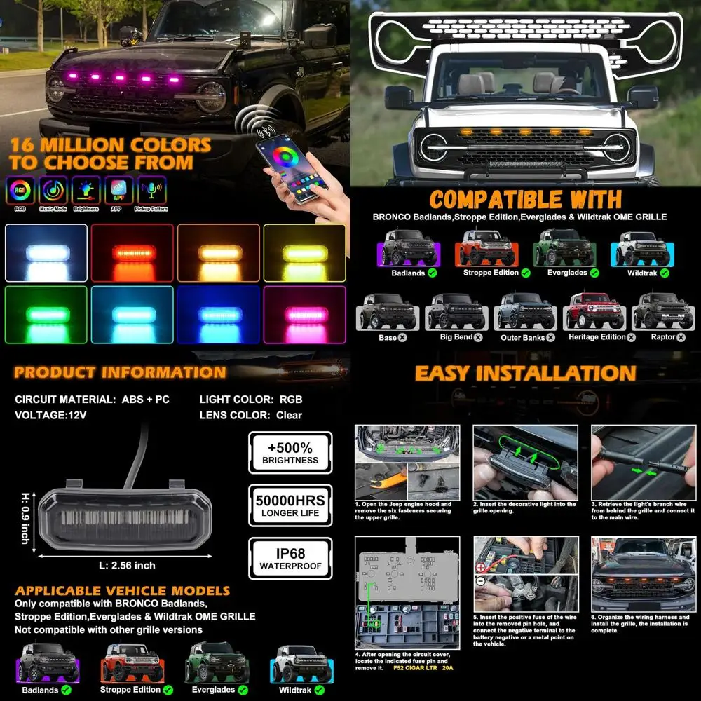 

RGB LED Grille Lights Remote App Control for 2021-2024 Ford Bronco Models, 5-Piece Adjustable Exterior Atmosphere Lights
