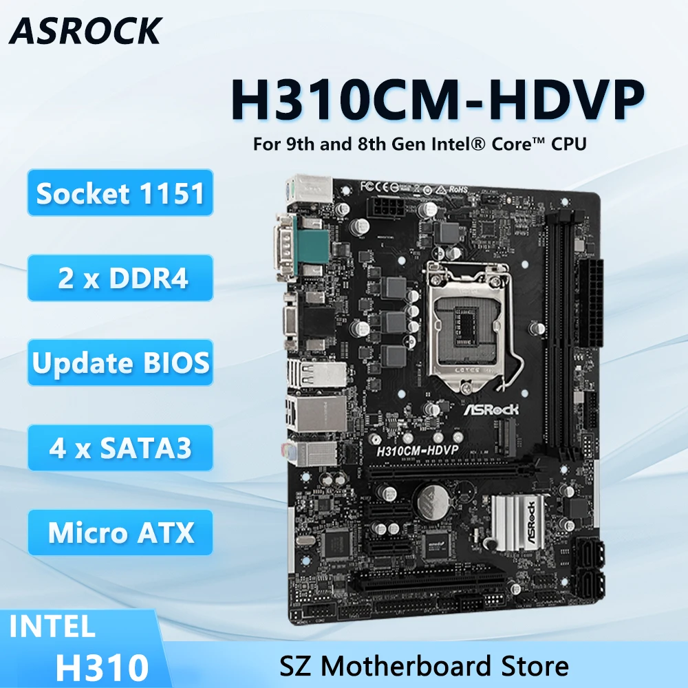 Placa base ASROCK H310CM-HDVP LGA 1151 compatible con CPU H310 i5-9400 i3-9100 i7-8700 i5-8500 i3-8100 Memoria DDR4 32GB Micro ATX