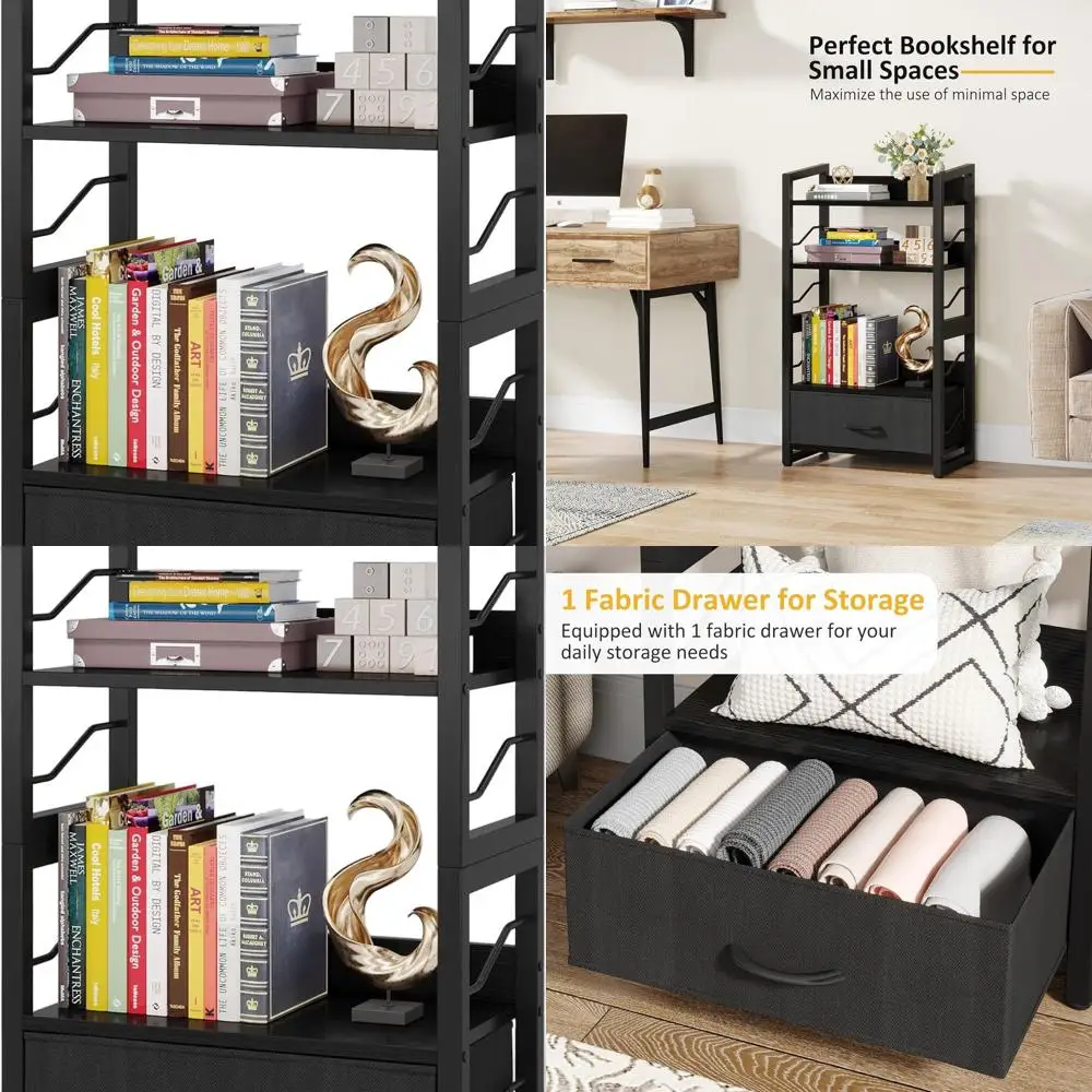 

4-уровневая деревянная книжная полка в индустриальном стиле с выдвижным ящиком, компактный органайзер для хранения, штабелируемые металлические полки для домашнего офиса и жизни