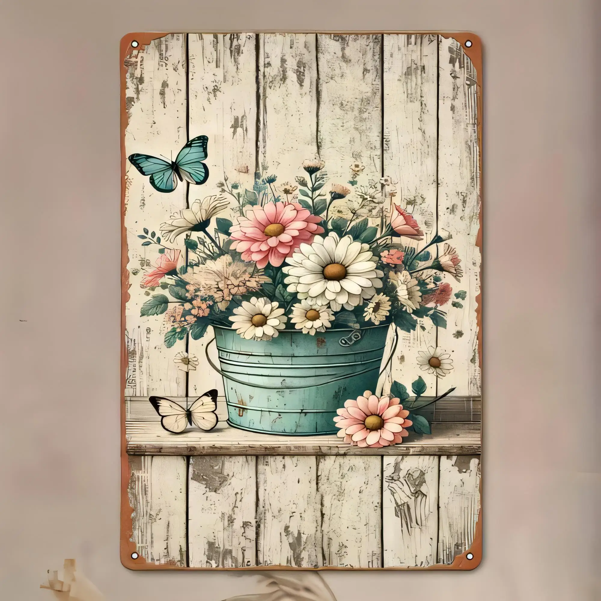 Vintage Flower Bouquet in Blue Bucket Tin Sign Rustic Farmhouse Wall Decor for Living Room Bedroom Kitchen Garden Party Cottagec