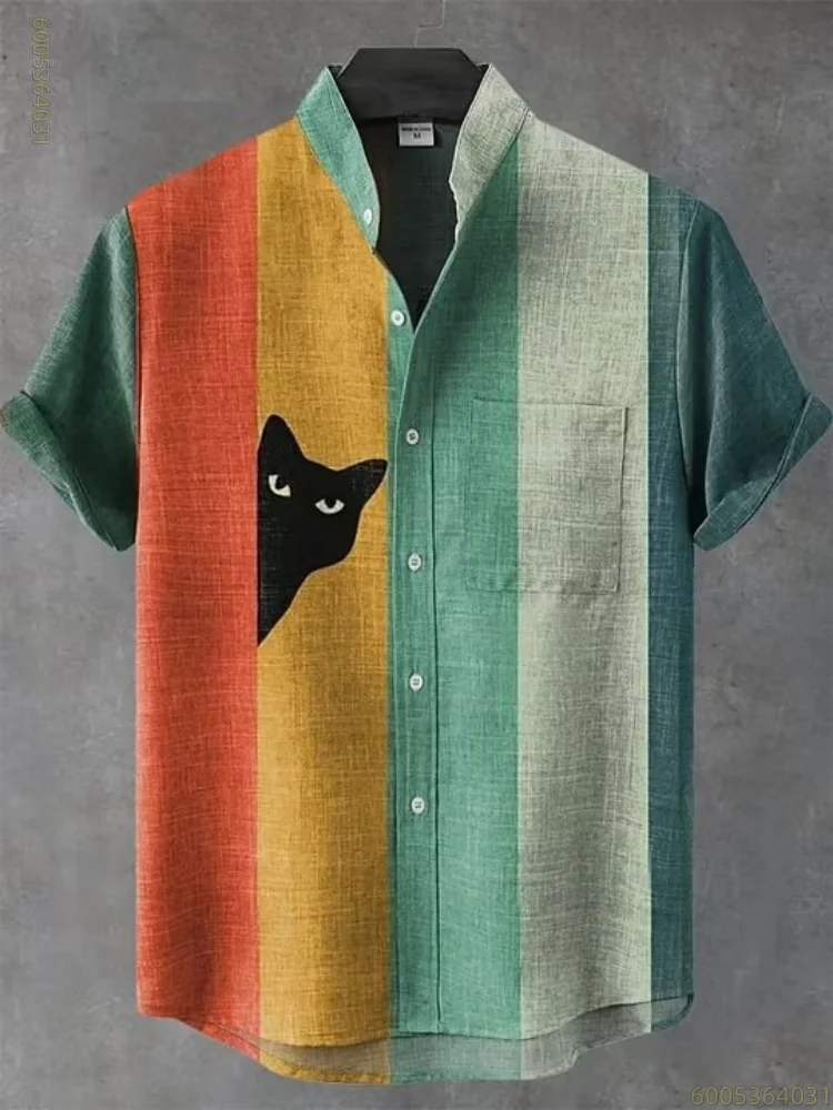 Men's shirt with colorful vertical stripes, Hawaiian style, short-sleeved shirt with rolled-up cuffs, casual vacation shirt.