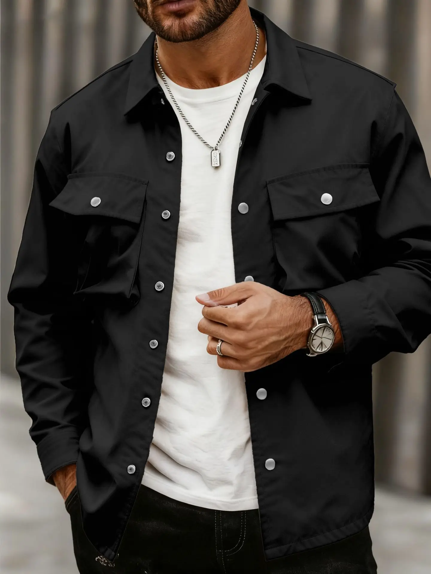 

Spring and autumn new style men's solid-color multi-pocket casual shirt, comfortable and fashionable long-sleeved shirt top