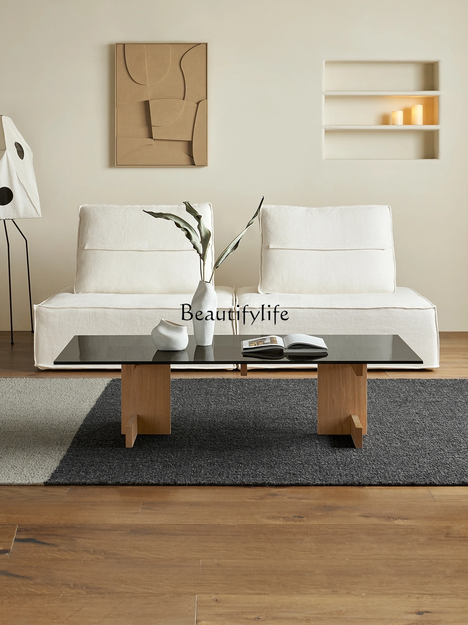 

Coffee table solid wood Italian minimalist tempered glass countertop modern light luxury log