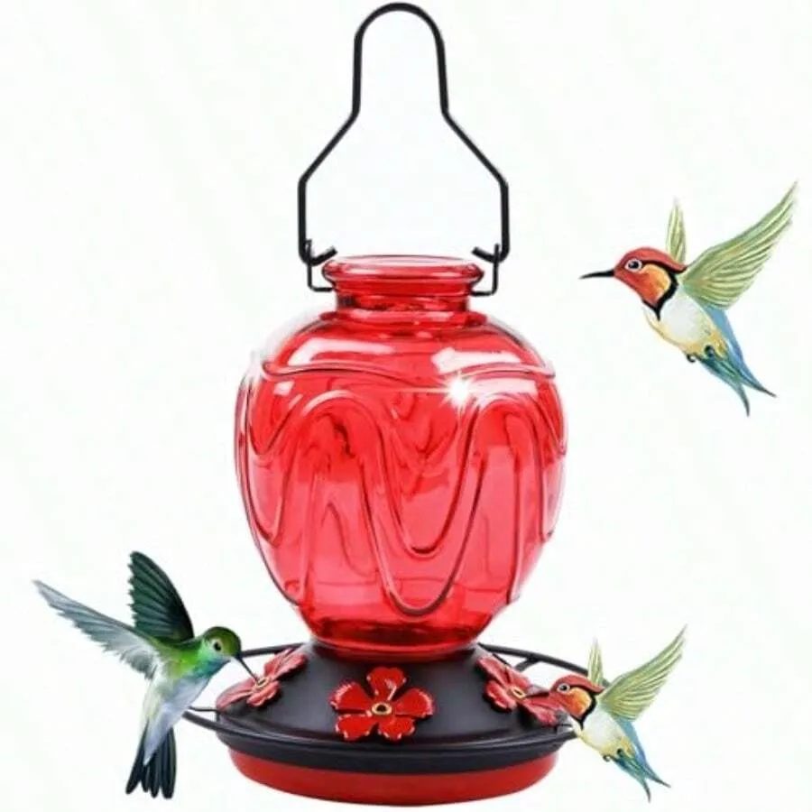 

Glass Hummingbird Feeder For Outdoors Hanging 24Ozs Humming Bird Nectar Feeder W/Perch 5 Flower Feeding Ports Leak Proof Base A