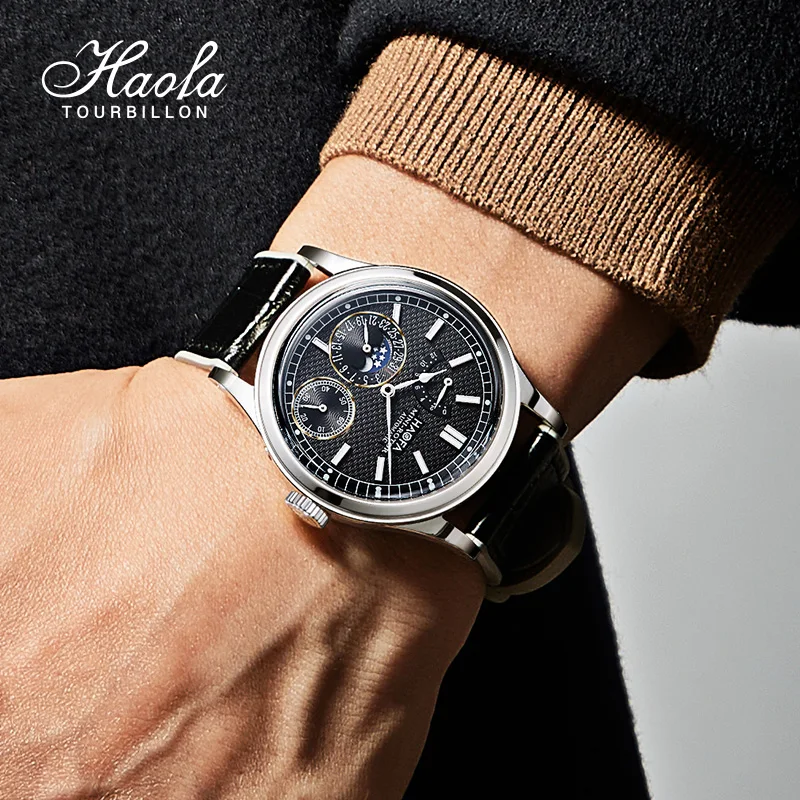 

Haofa автоматические механические мужские часы с фазой Луны, классический календарь с жемчугом, деловые многофункциональные светящиеся наручные часы, мужские 2372