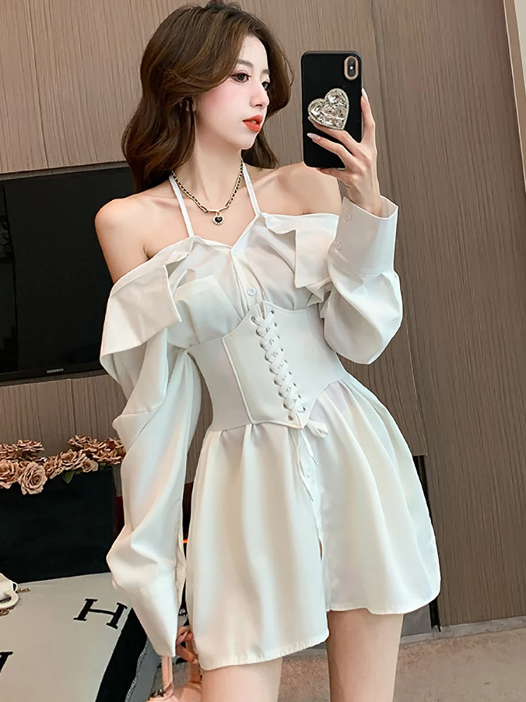 Autumn White Long Sleeve Chic Off Shoulder Sexy Shirt Dress Women Elegant Bandage Short Dress 2025 Korean Bodycon Casual Dresses