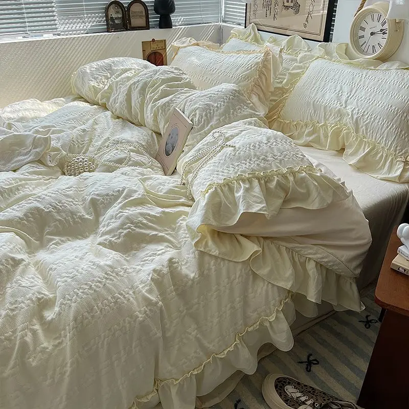 Comforter Sets Princess Style Korean Ins Solid Color Bed Sheet Washed With Cotton Edge And Soaked With Gauze Bed Linen