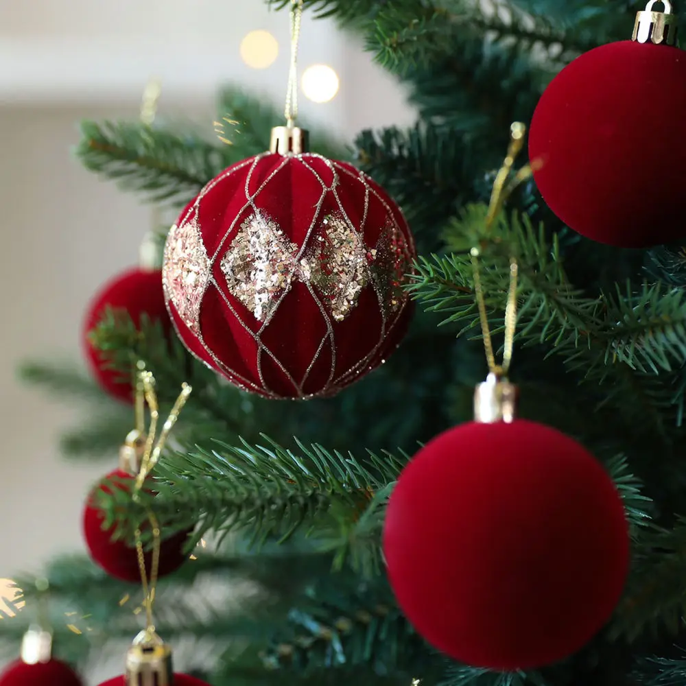 Luxurious Velvet Christmas Ball Set Flocked Festive Ornaments For Xmas Tree Decoration Painted Hanging Spheres Party Home Decor