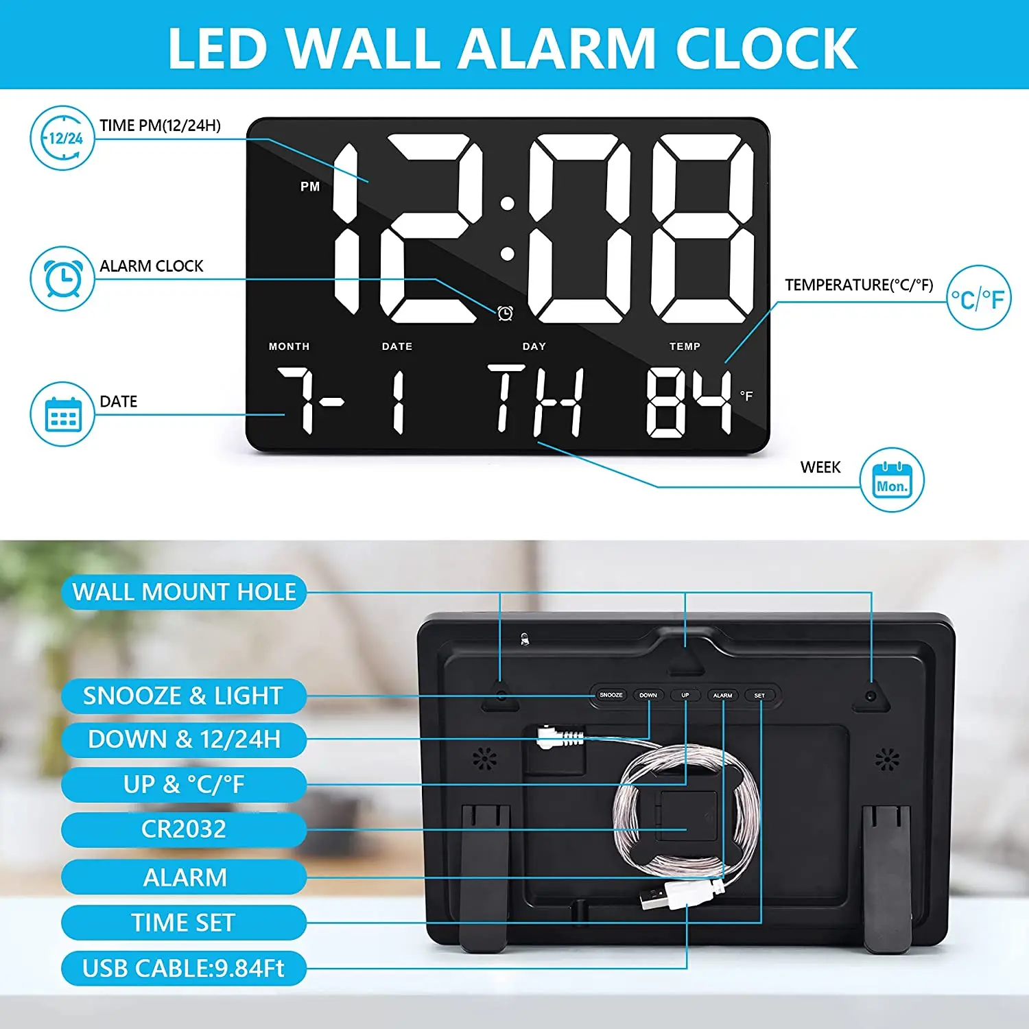 Digital Wall Clock Large Display Alarm Clock with Wireless Remote Control LED Wall Clock with Date and Temperature-B