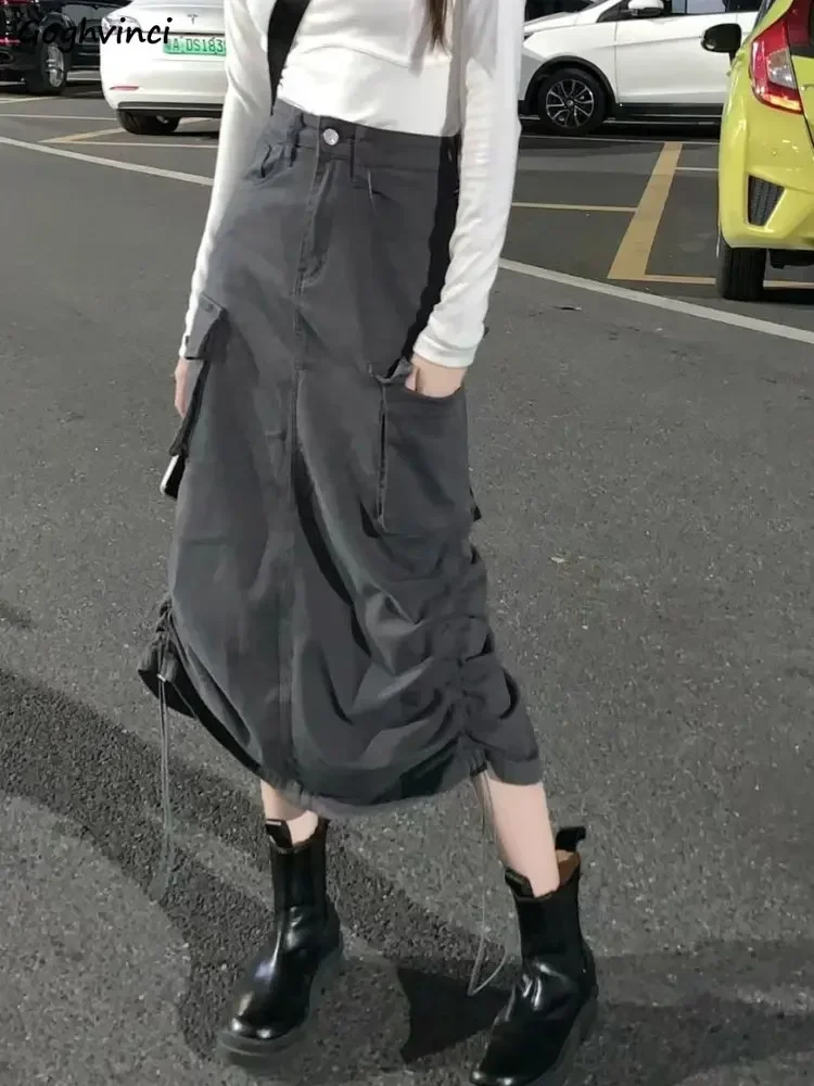 

Ankle-length Skirts Women American Retro Safari Style A-line Summer Slit Shirring Fashion Ulzzang All-match College Temperament