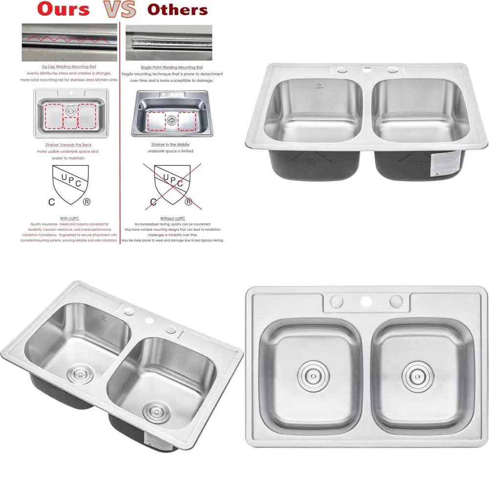 

33 Drop-In Stainless Steel 18 Gauge Double Bowl Kitchen Sink with 3 Faucet Holes