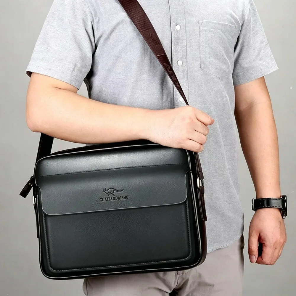 PU leather retro men's single-shoulder bag, large capacity, portable, business style, horizontal briefcase, crossbody bag