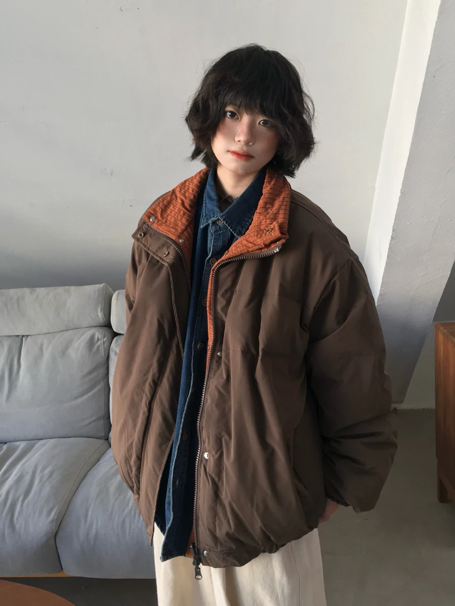 Retro Japanese Style Double-Sided Wear Thickened Bread Cotton Jacket Men's Women's Winter Casual Loose Cotton Coat
