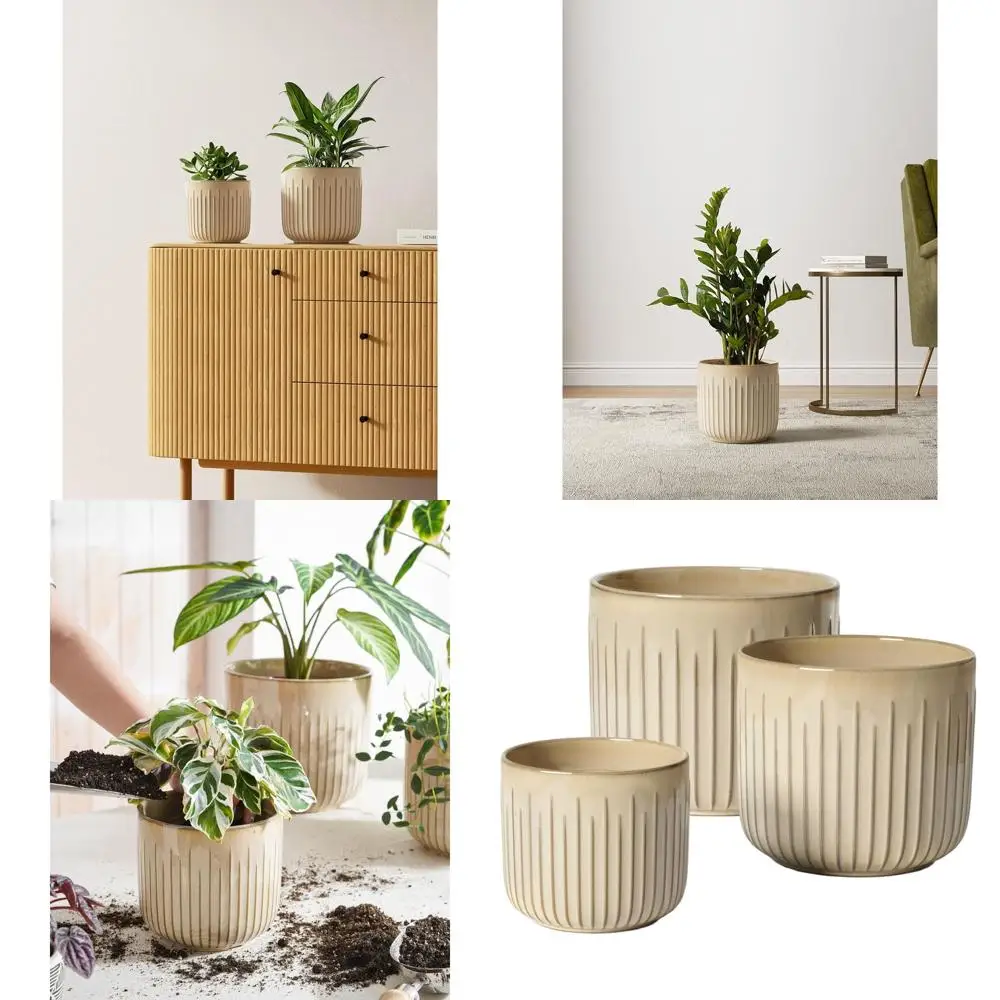 

Set of 3 Sand Beige Ceramic Plant Pots, 8.3/7/6 Inches with Drainage Holes for Indoor Plants