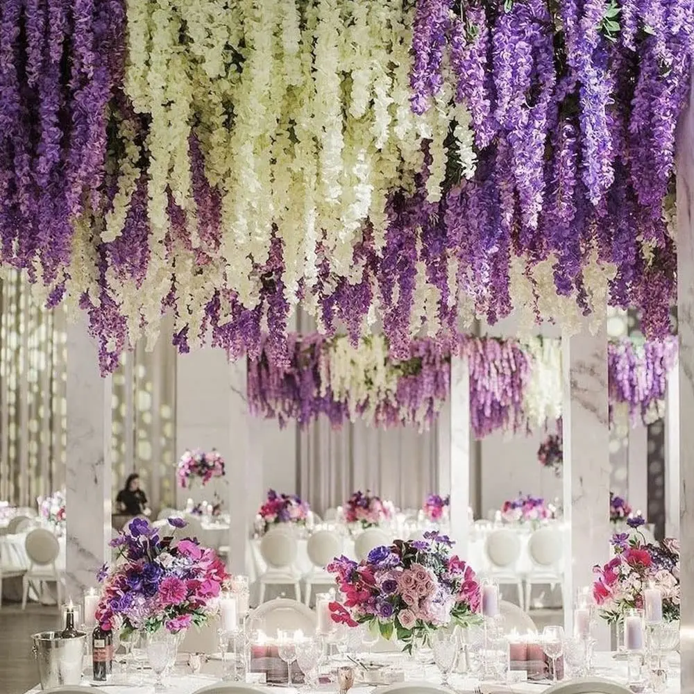 Glyzinienranke, künstliche Blumen, Großhandel, 110 cm, nachgestellte gefälschte Blumenschnur für Zuhause, Hochzeit, Party, Dekoration, Seiden-Glyzinien-Girlande – Detail 1