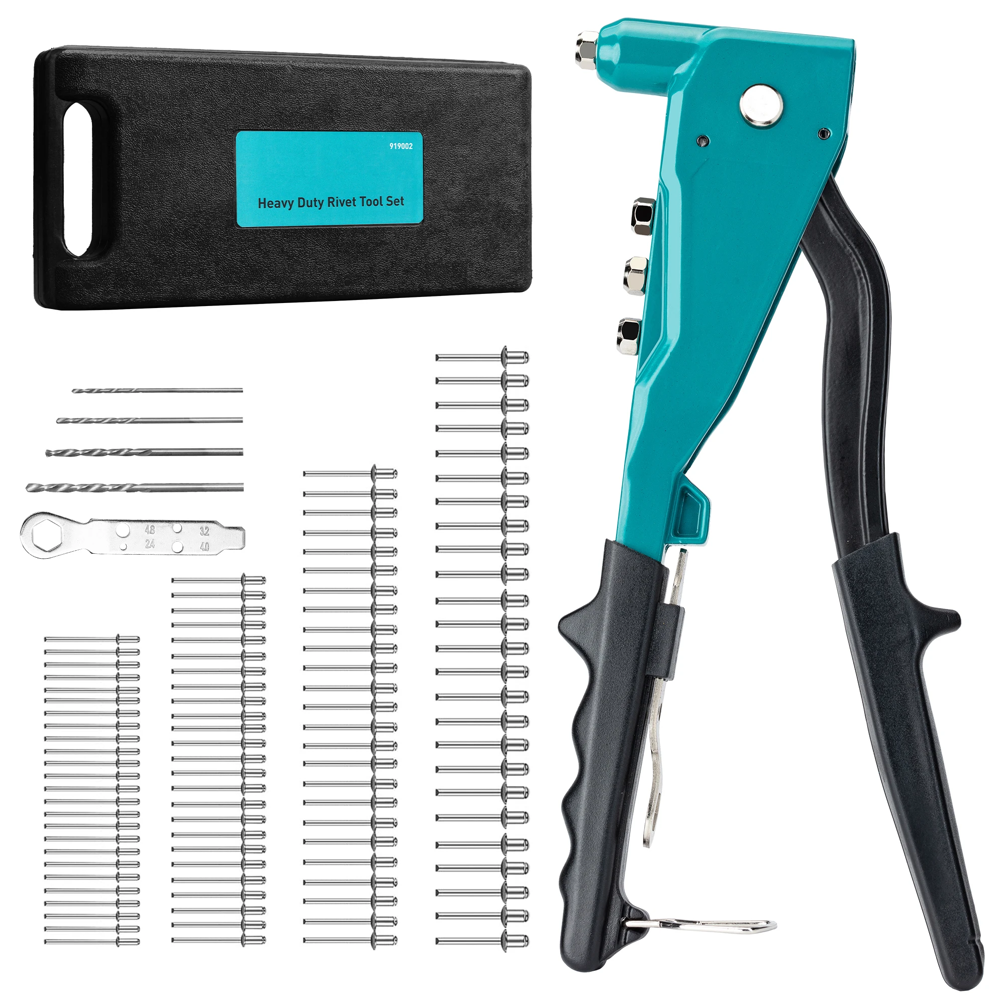 Heavy Duty Rivet Gun, Pop Rivet Gun Set, Professional Hand Riveter Manual Riveting Tool with 110 Rivets, 4 Interchangeable Heads, for Metal, Wood and Plastic, DIY Repairs
