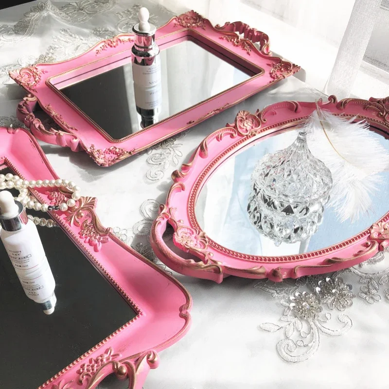 Oval Glass Storage Tray Pink Retro Mirror Food Tea Tray Household Jewelry Skin Care Product Organizer Wedding Home Decor