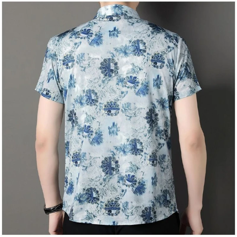 Ice Silk Hawaiian Shirts Men Short Sleeve Non Iron Wrinkle Shirt Breast Pocket Elastic Tops Youth Casual Summer Quality Clothing