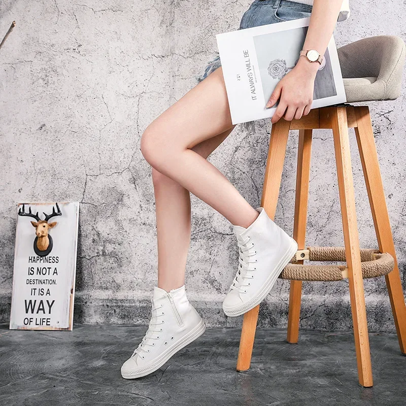 2024 The New Women\'s Sneakers Zippered Platform Boots Canvas White Shoes Lightweight High Top Women Vulcanized Shoes Botas Mujer