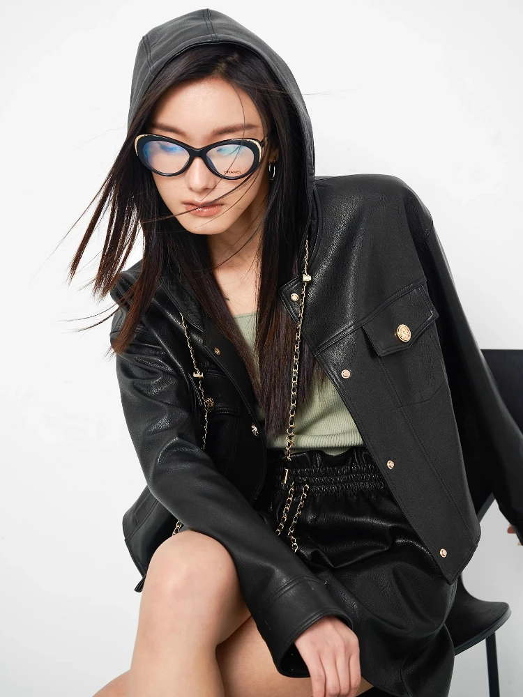 Hooded Genuine Leather Cropped Jackets for Women Spring Autumn High-end Simple Single Breasted Soft Black Real Sheepskin Coat