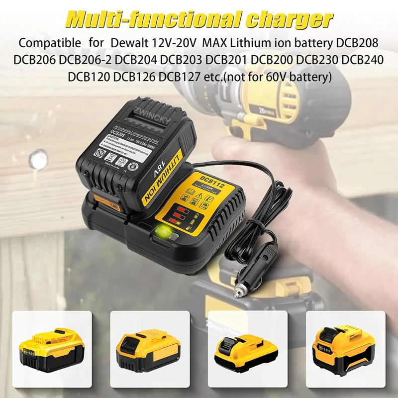 Per DeWalt 18V 20V Batteria Al Litio Sostituire DCB112 Caricatore Del Veicolo Caricatore Per Auto Portatile Con Indicatore LED Spina Accendisigari