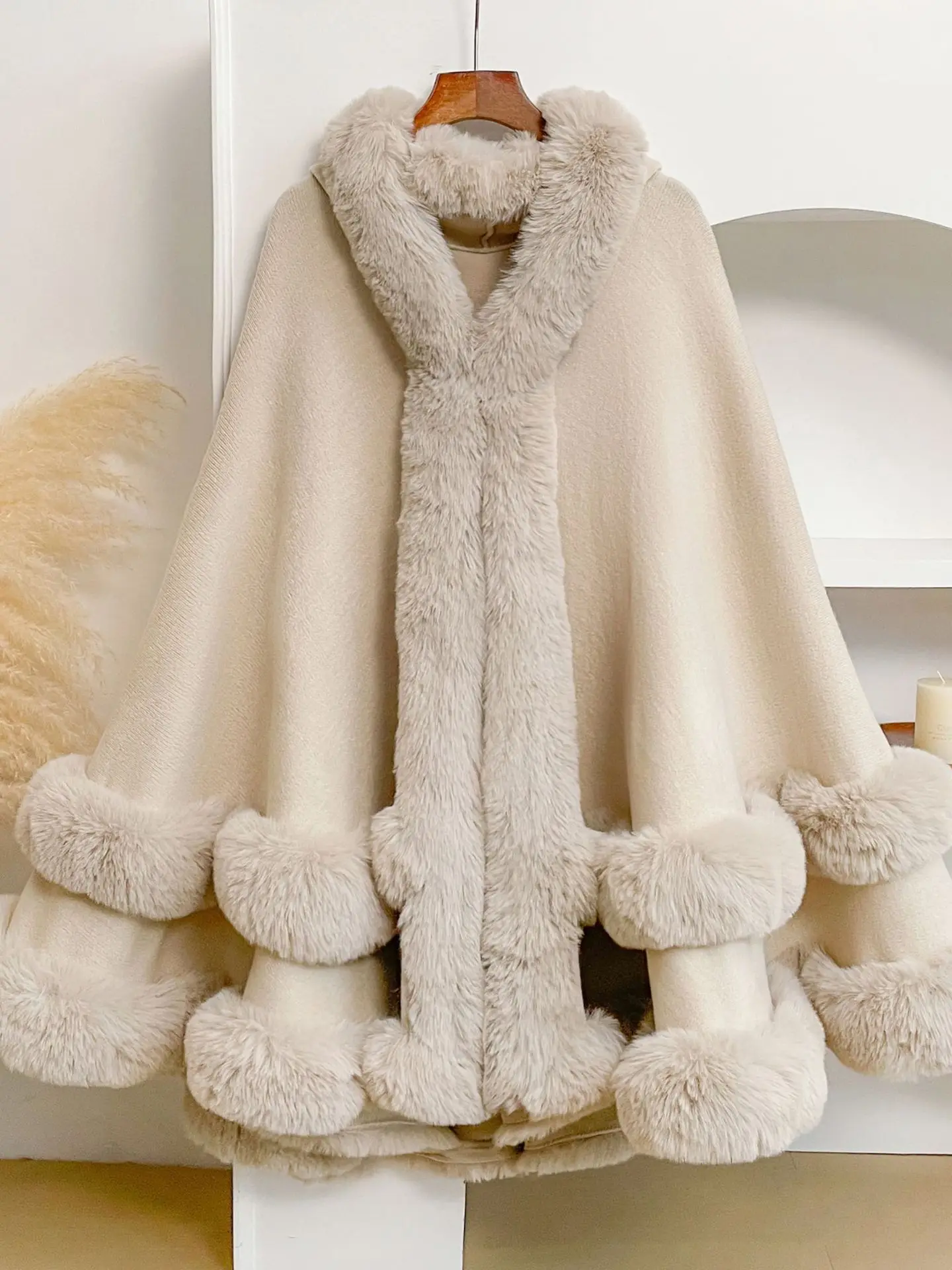 秋冬大きいサイズファーカラーニット帽子コートショルダーショールカウルネックオープンカーディガン多機能無地女性用