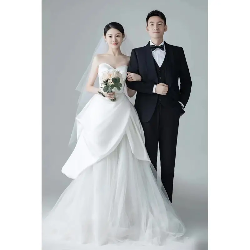 French Satin Wedding Dress Small Bride With Strapless Main Veil High-end Texture Light Formal Dress For Women Customized