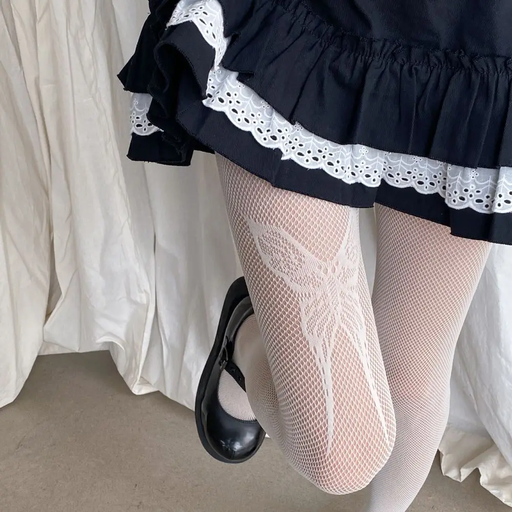 Bas résille papillon pour femmes, collants en dentelle Lolita, collants doux et cool, noir et blanc, sexy et à la mode