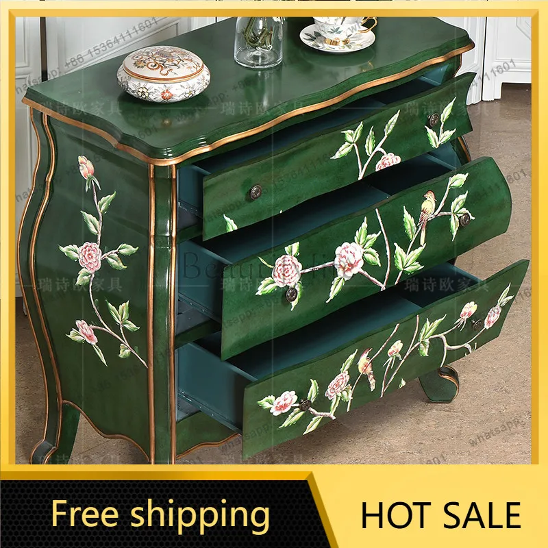 Factory Direct American Country Retro Green Solid Wood Peony Painted Storage Cabinet Living Room Storage Side Cabinet