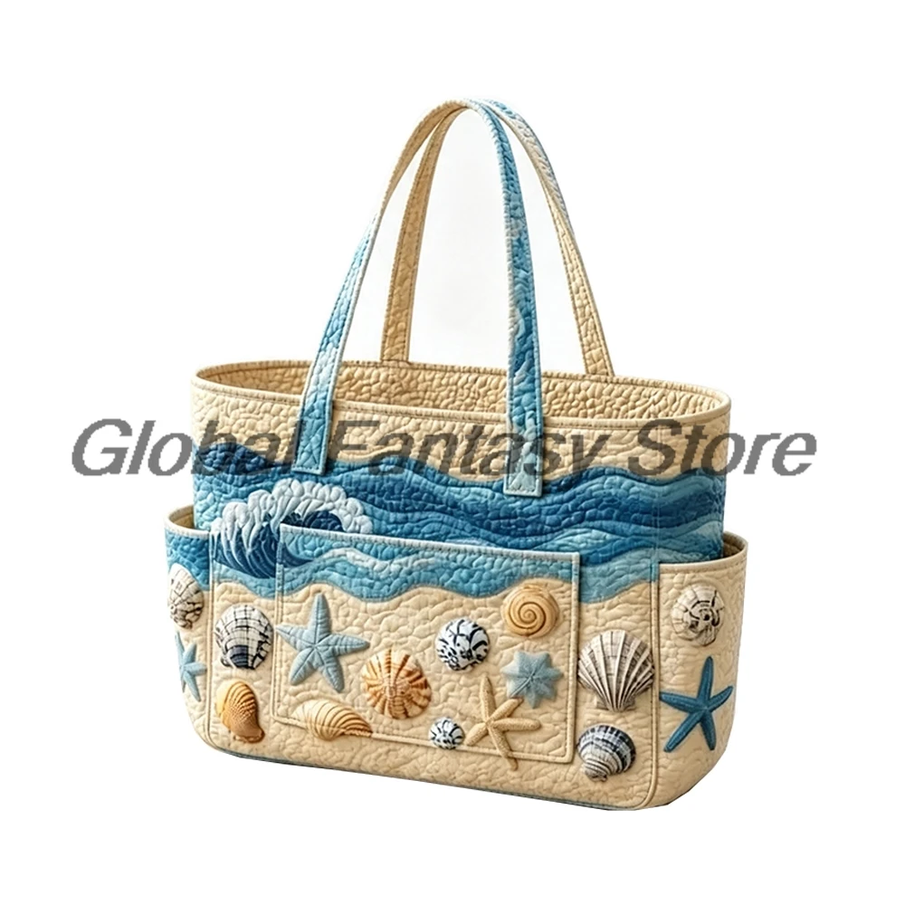 Starfish Seashell Ocean Beach Multiple Pockets Quilted Tote Bag Large Capacity Shoulder Handbag Women Daily Shopping Bags