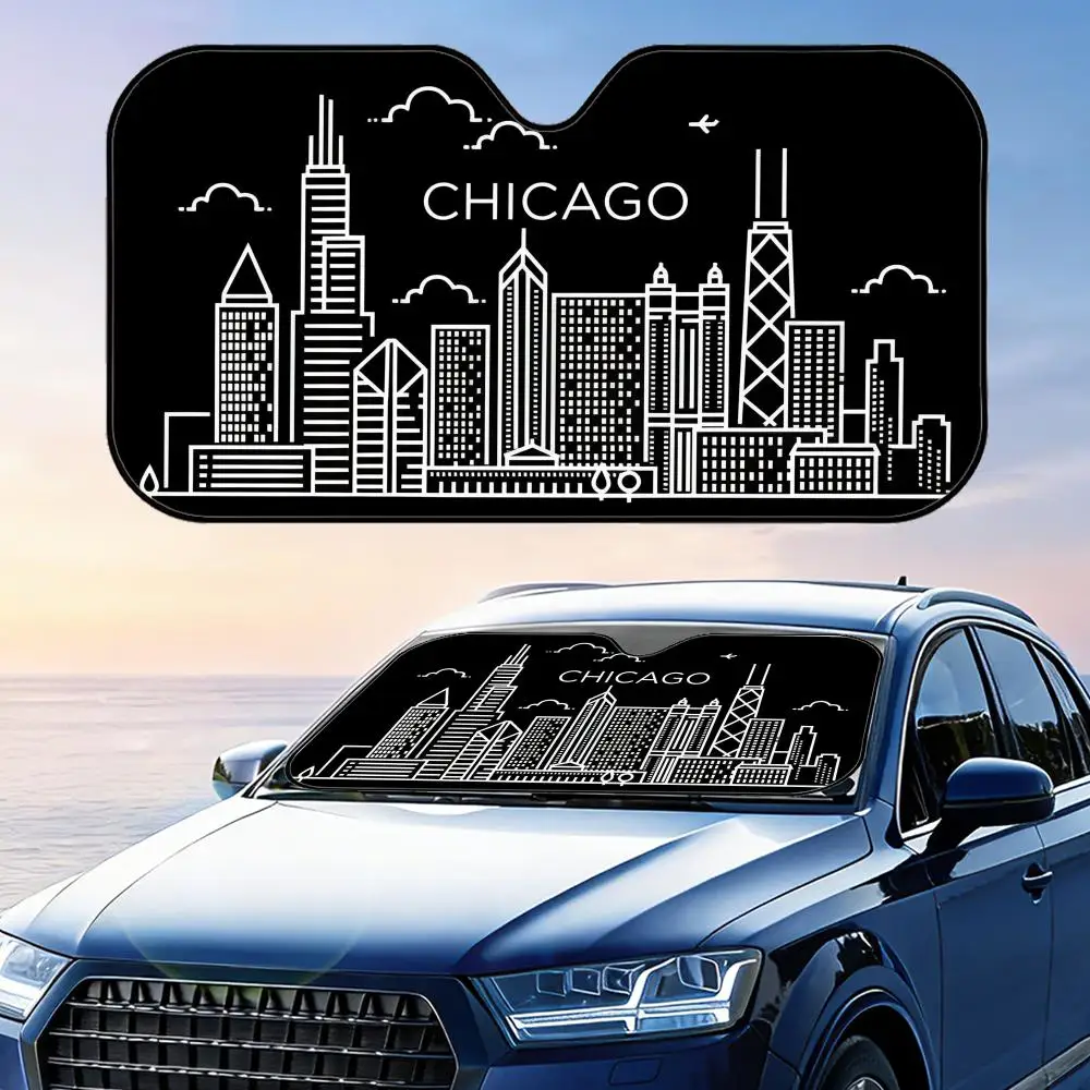 

Chicago Skyline Sun Visor Reusable Aluminum Foil Windshield UV Protection Heat Insulation Cover Foldable Sun Visor Shade