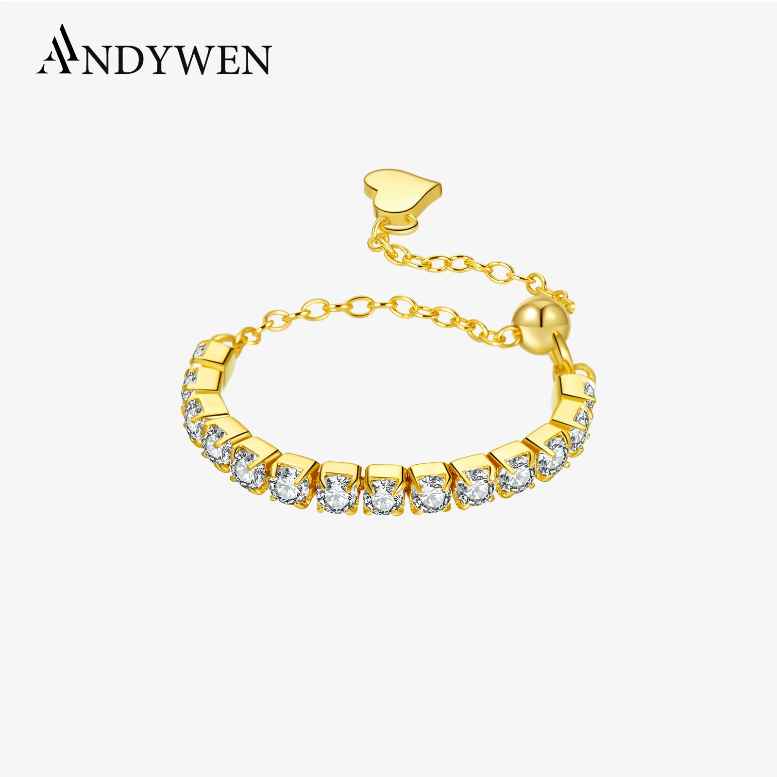 

ANDYWEN 925 Sterling Silver Round CZ Zircon Adjustable Chain Ring 2025 Luxury Fine Women Jewelry for Wedding Party Gifts