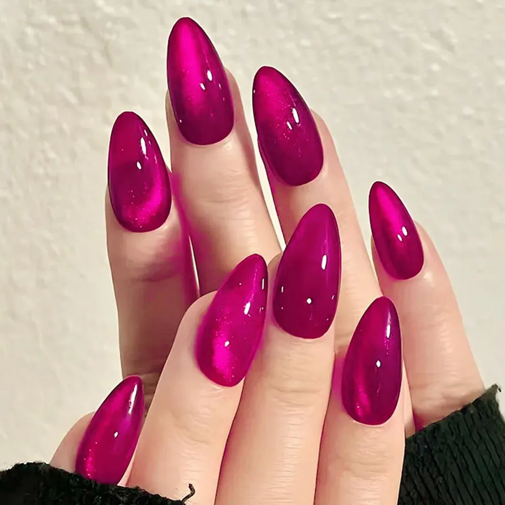 30 Stück glänzende rosarote Katzenaugen, Mandel-Kunstnägel, tragbar, zum Aufdrücken der Nägel, einfarbig, Katzenauge, vollständige Abdeckung, gefälschte Nagelspitzen