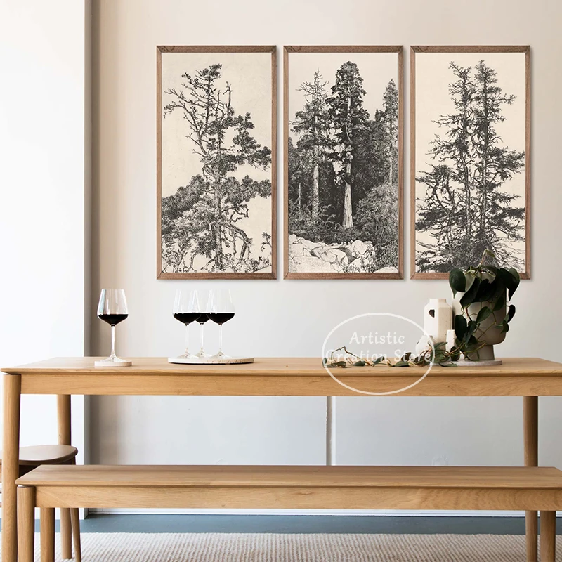 Vintage Tree Sketch Gallery Wall Set of 3 Prints Canvas Painting Art Picture for Nordic Living Room Nature-Inspired Home Decor