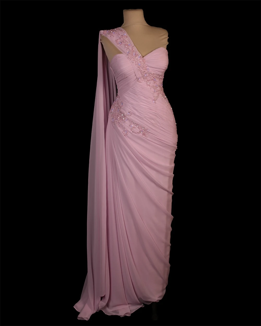 

Customized Simple Pink Chiffon Evening Dresses Soft One Shoulder Prom Dress Exquisite Sweep Train Special Occasion Gowns