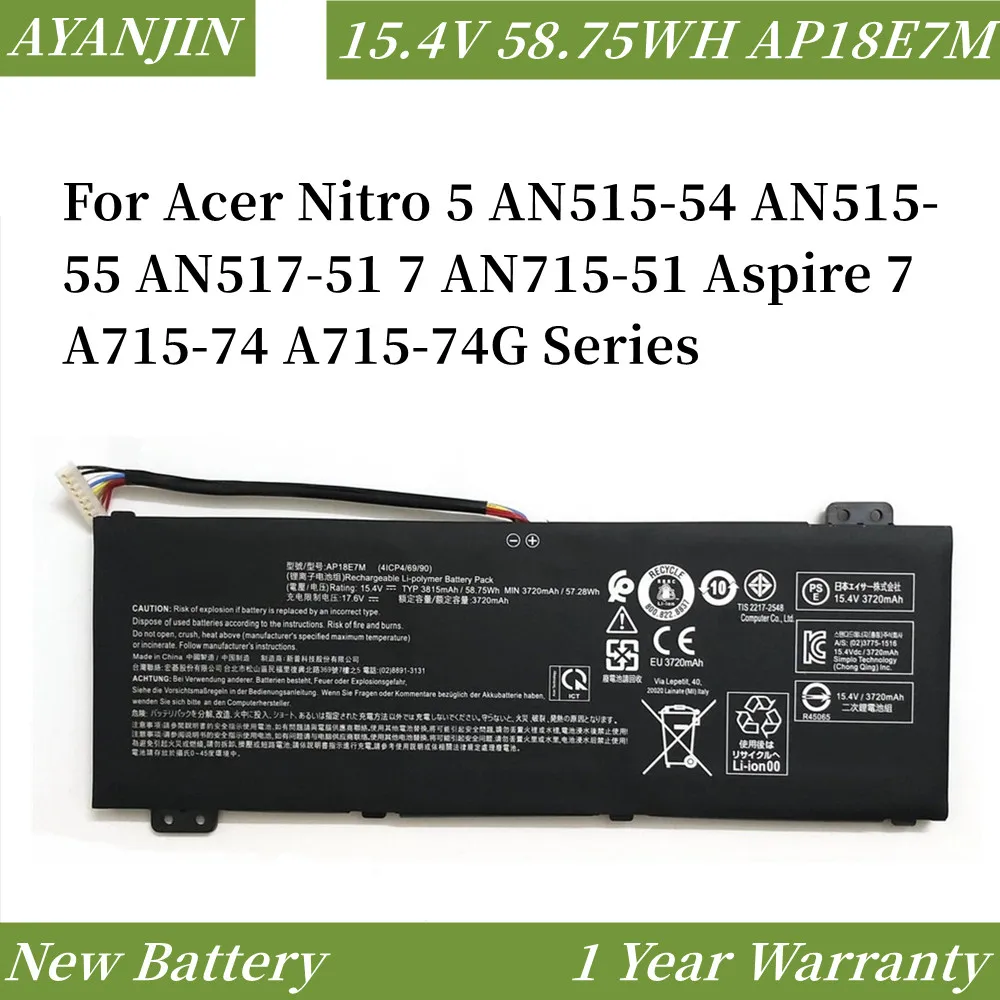 แบตเตอรี่แล็ปท็อป AP18E8M 57.48WH AP18E7M 58.75WH 15.4V สำหรับ ACER Nitro 5 AN515-55 AN515-54 AN517-51 7 AN715-51 Aspire 7 A715-74 A71