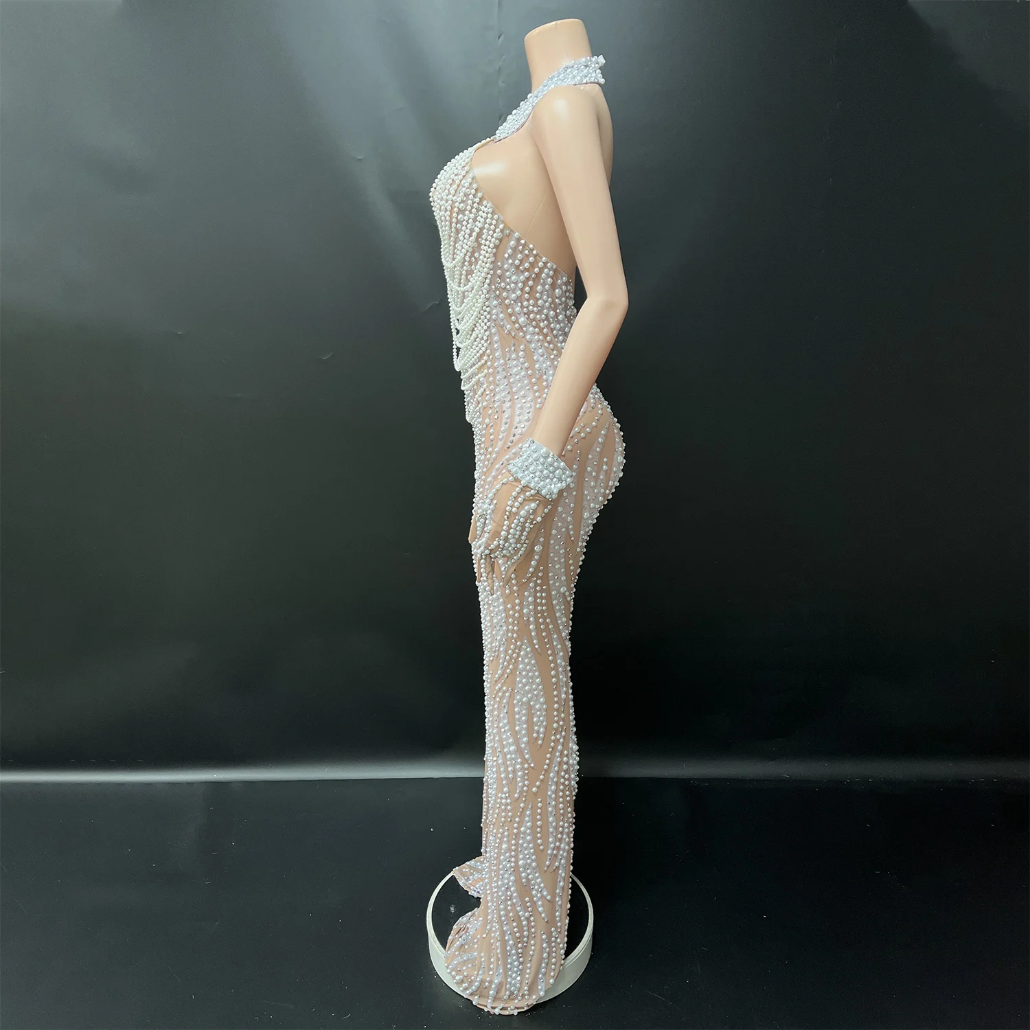 Elegant Luxury Beaded Rhinestone Jumpsuit - Backless Evening Dress for Host Stage Performance Birthday Party Prom Glove jumpsuit