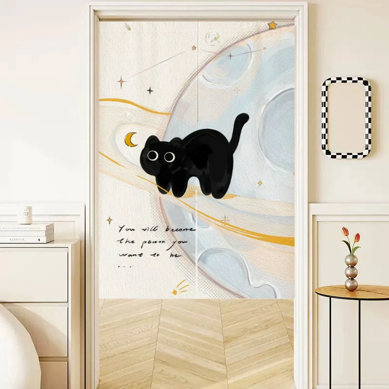 Creamy Clouds Little Black Cat Door Curtain, Easy-to-Install Cartoon-Printed Half-Door Curtain, Kitchen Divider and Home Decor