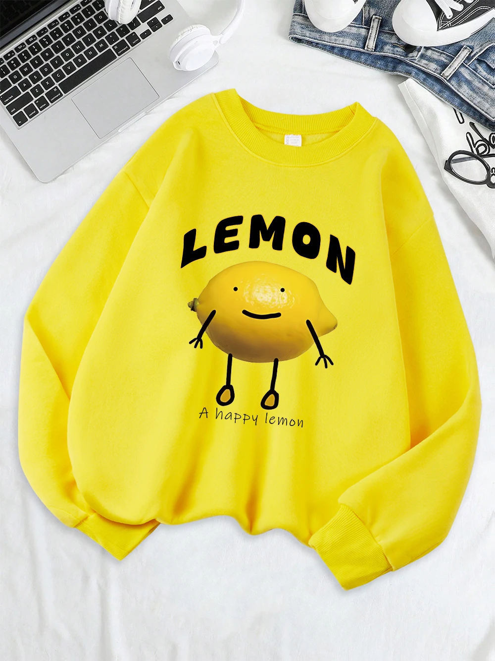 A Happy Lemon Printing Sweatshirts Women Casual Crewneck Hoodies Winter Fleece Warm Pullovers Loose Comfortable Woman Clothes