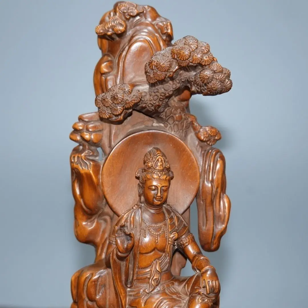 Hand Carved Wood Mountain tree guanyin bodhisattva Statue Figurine Desktop Ornaments Home Decoration