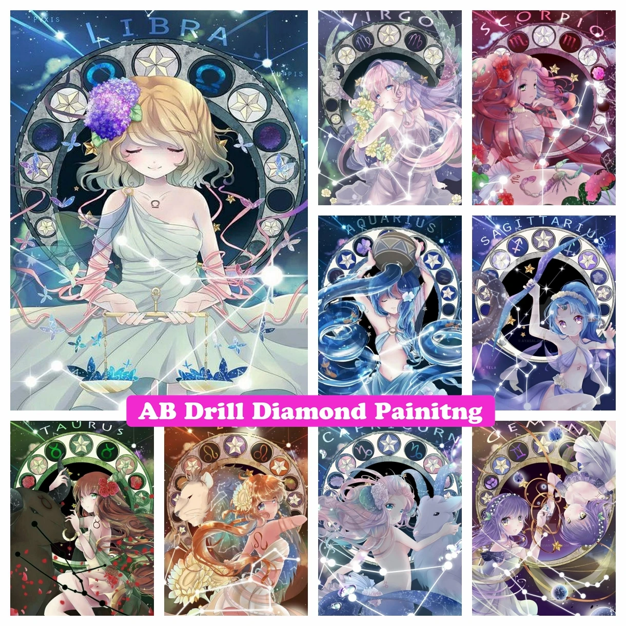 

Anime Zodiac Signs Girl 5D DIY AB Drills Diamond Painting Cross Stitch Embroidery Fantasy Art Mosaic Rhinestone Hobby Home Decor