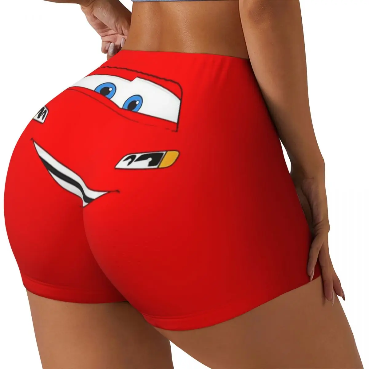 Custom Women Happy Cars Lightning McQueen Workout Yoga Shorts Cartoon Athletic Gym Volleyball Biker Shorts