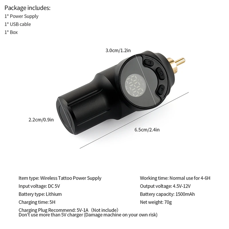 مصدر طاقة لاسلكي صغير لآلة الوشم الدوارة ، بطارية سوداء ، شاشة LCD ، موصل واجهة RCA