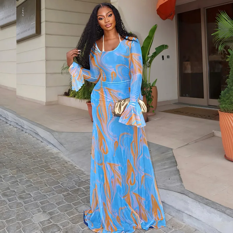 ผู้หญิง Tie Dye พิมพ์ดูผ่านตาข่าย Bodycon Maxi ชุดสแควร์คอ Lace Up ริบบิ้น Halter Flare Sleeve Slim Holiday Party Robe